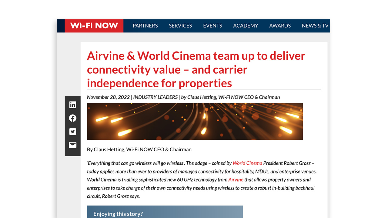 Airvine & World Cinema team up to deliver connectivity value – and carrier independence for properties